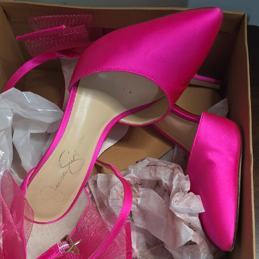 Jessica Simpson Hot Pink Satin Bow Ankle Strap Heels - Picture 2 of 5